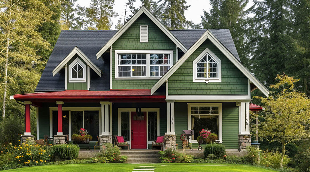 Charming home exterior with green siding and red covered porch.